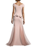 Lady Cap-Sleeve Peplum Mermaid Gown, Pink