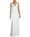 Draped Cowl-Neck Sleeveless Gown, Off White