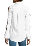 Pearly-Button Tie-Sleeve Oxford Shirt, White