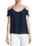 Adorlee Cold-Shoulder Lace-Hem Silk Top, Blue