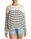Striped Slit Crewneck Pullover Sweater, White/Blue
