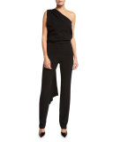 Draped One-Shoulder Belted Jumpsuit, Black