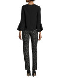 Caroline Jacquard Straight-Leg Pants, Black/Ivory