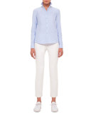 Button-Front Embroidered-Back Blouse, Sky Blue