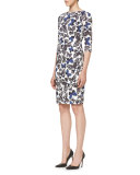Butterfly-Print Half-Sleeve Dress, Black/White