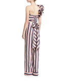 Bahama Striped Floral-Shoulder Jumpsuit, Blue/Pink/White