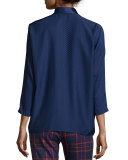 3/4-Sleeve Silk Jacquard Tie-Neck Top, Midnight