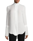 Fine-Pleat Pussy-Bow Silk Blouse