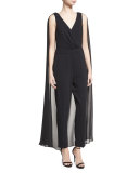 Charo Sleeveless Crepe Jumpsuit w/ Chiffon Cape, Black