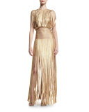 Sleeveless Metallic Fringe Gown, Gold Champagne