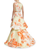 Sleeveless Vintage Floral Belted Gown, Citrus