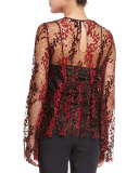 Long-Sleeve Enamel Glitter Sheer Top, Blaze Red