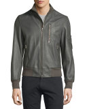 Leather Bomber Jacket, Dark Steel