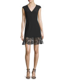 Sleeveless Crepe Lace-Trim Mini Dress, Black