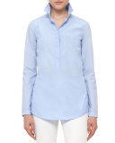 Pleated-Back Half-Button Blouse, Light Blue