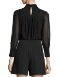 Embroidered Mock-Neck Tunic Blouse, Black