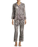 Animal-Print Cotton Pajama Set, Light Pink/Natural