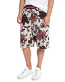 Floral-Print Sweat Shorts with Striped Trim, Gray