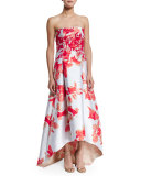 Strapless Floral-Print High-Low Midi Dress