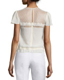 Bird-Embroidered Short-Sleeve Blouse, Ivory