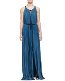 Tassel Drawstring-Neck Slit Maxi Dress, Ocean Blue