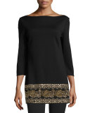 Sequined Boat-Neck 3/4-Sleeve Tunic, Caviar