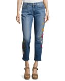 Rose Garden Embroidered Boyfriend Jeans, Blue