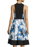 Floral-Print Illusion-Bodice Sleeveless Cocktail Dress