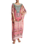 Round-Neck Printed Beaded Caftan Coverup, Belleza Flor