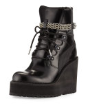 Leather Wedge Chain Ankle Boot, Black
