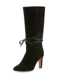 Ankle-Tie Leather Ankle Boot, Black