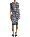 Leopard-Print Half-Sleeve Midi Dress, Optic White/Black