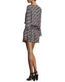 Long-Sleeve Smocked V-Neck Dress, Black/Multicolor