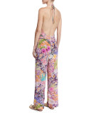 Floral Paisley Silk Coverup Pants, Red Multi