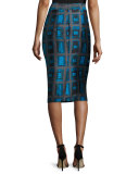 Brushstroke Rectangle-Print Pencil Skirt, Azure