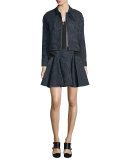 Short-Sleeve Zip-Front Peplum Blouse, Black