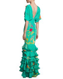 Caribe Floral Ruffled-Hem Dress, Green/Orange