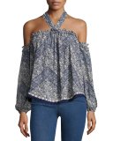 Livey Cold-Shoulder Printed Halter Blouse, Blue Pattern