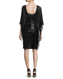 Sequined Capelet Sheath Dress, Black