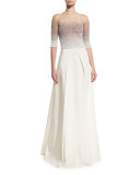 Ombre Sequined Half-Sleeve Ball Gown, Iris/White