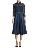 Lace Full-Skirt Belted Cocktail Shirtdress, Navy