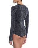 Decade Long-Sleeve Metallic V-Neck Bodysuit, Black