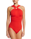 High-Neck Shirred One-Piece Swimsuit