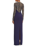 Sequined Lace Long-Sleeve Gown, Maritime