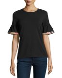 Crewneck Tee w/ Gathered Check-Trim Sleeves, Black