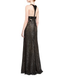 Sequined Crochet V-Neck Gown, Black