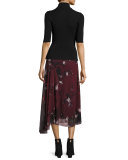 Half-Sleeve Turtleneck Corset Knit Sweater, Black
