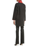 Collarless Contrast-Trimmed Wool-Blend Coat, Smoke/Carnelian