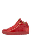 Men's Crocodile-Embossed Leather Mid-Top Sneaker, Red