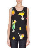 Scoop-Neck Cocktail-Print Tank, Black/Multi